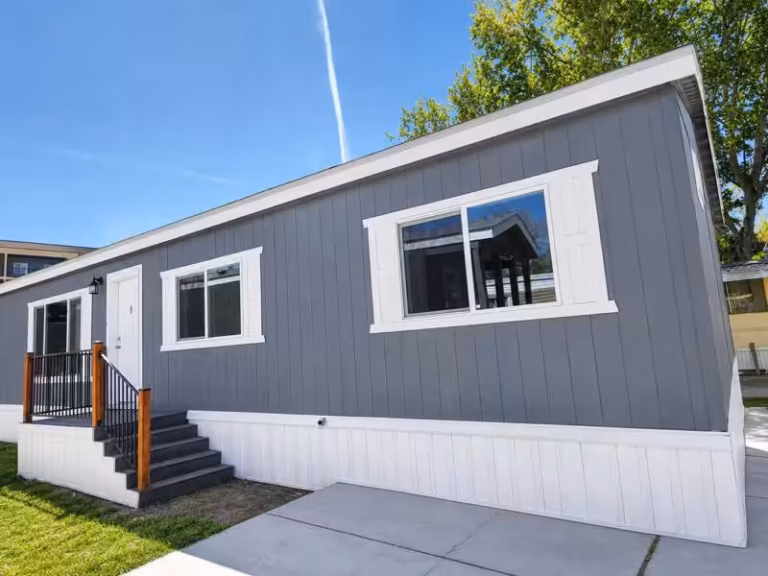 exterior, neighborhood playground and pool, modern manufactured housing, Utah, affordable