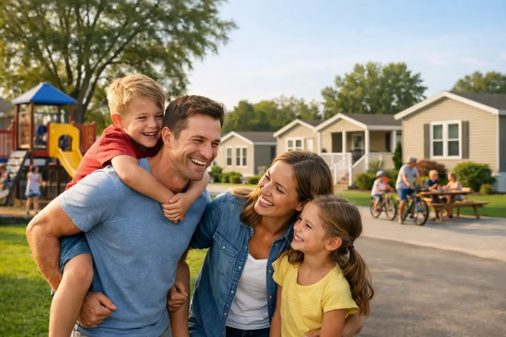 neighborhood, management, modern manufactured housing, quiet community street view, playground