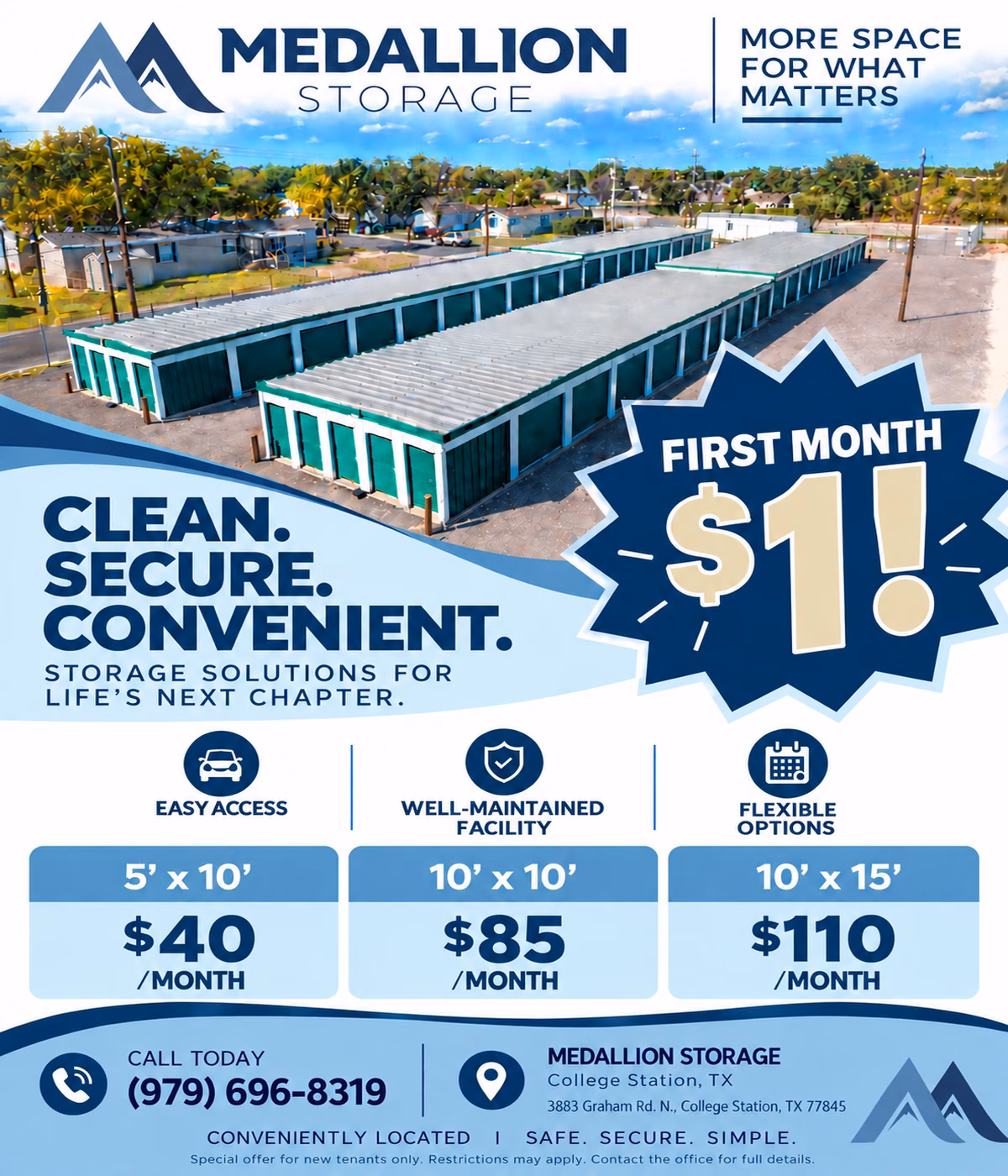 Medallion Storage ad: rows of storage units, "First Month $1" offer, rates from $40/month.