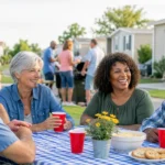 Diverse group gathered around an outdoor table with blue checkered cloth, yellow flowers, and red cups.
