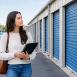 Young woman with brown hair and shoulder bag holds a tablet while walking past rows of blue self-storage units.