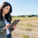 Smiling woman holding a tablet while working outdoors in an open rural landscape under clear skies.