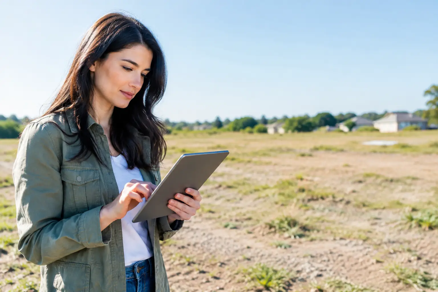 Smiling woman holding a tablet while working outdoors in an open rural landscape under clear skies.