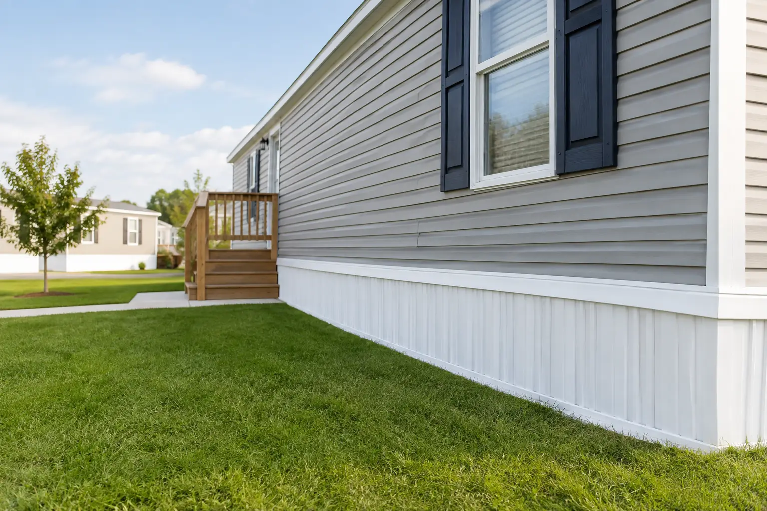 Exterior of gray-sided manufactured home with black-shuttered window, small wooden deck, and green lawn.