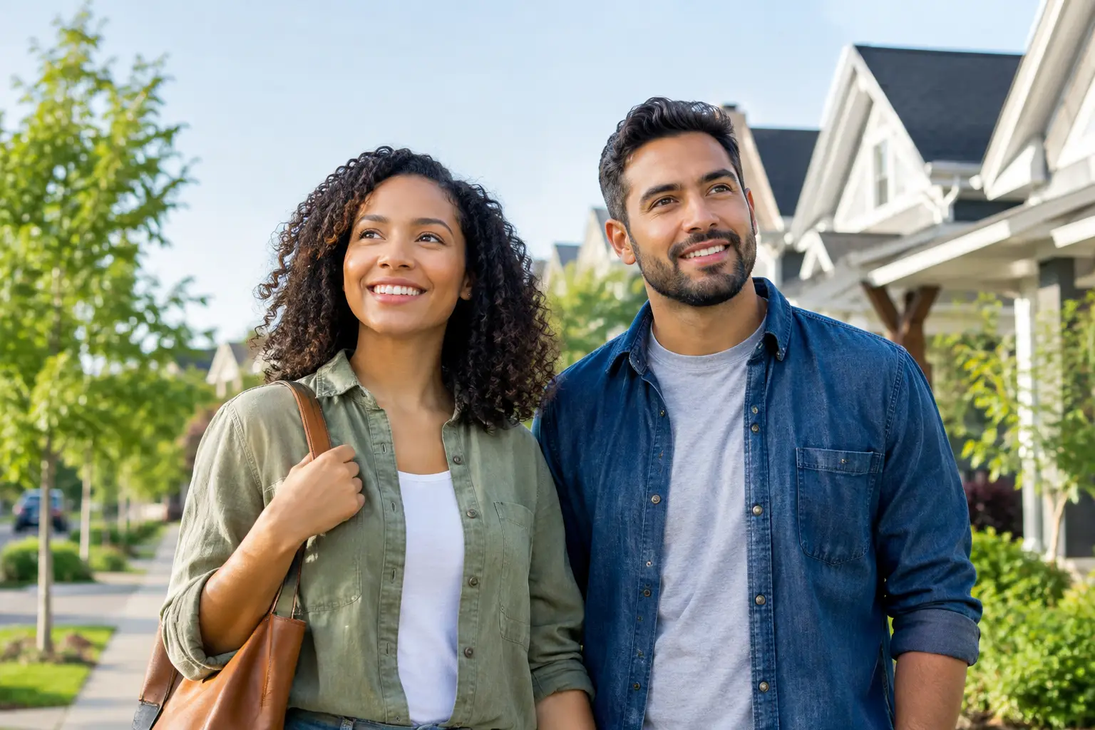 Smiling young couple standing together outside suburban homes on a sunny day.